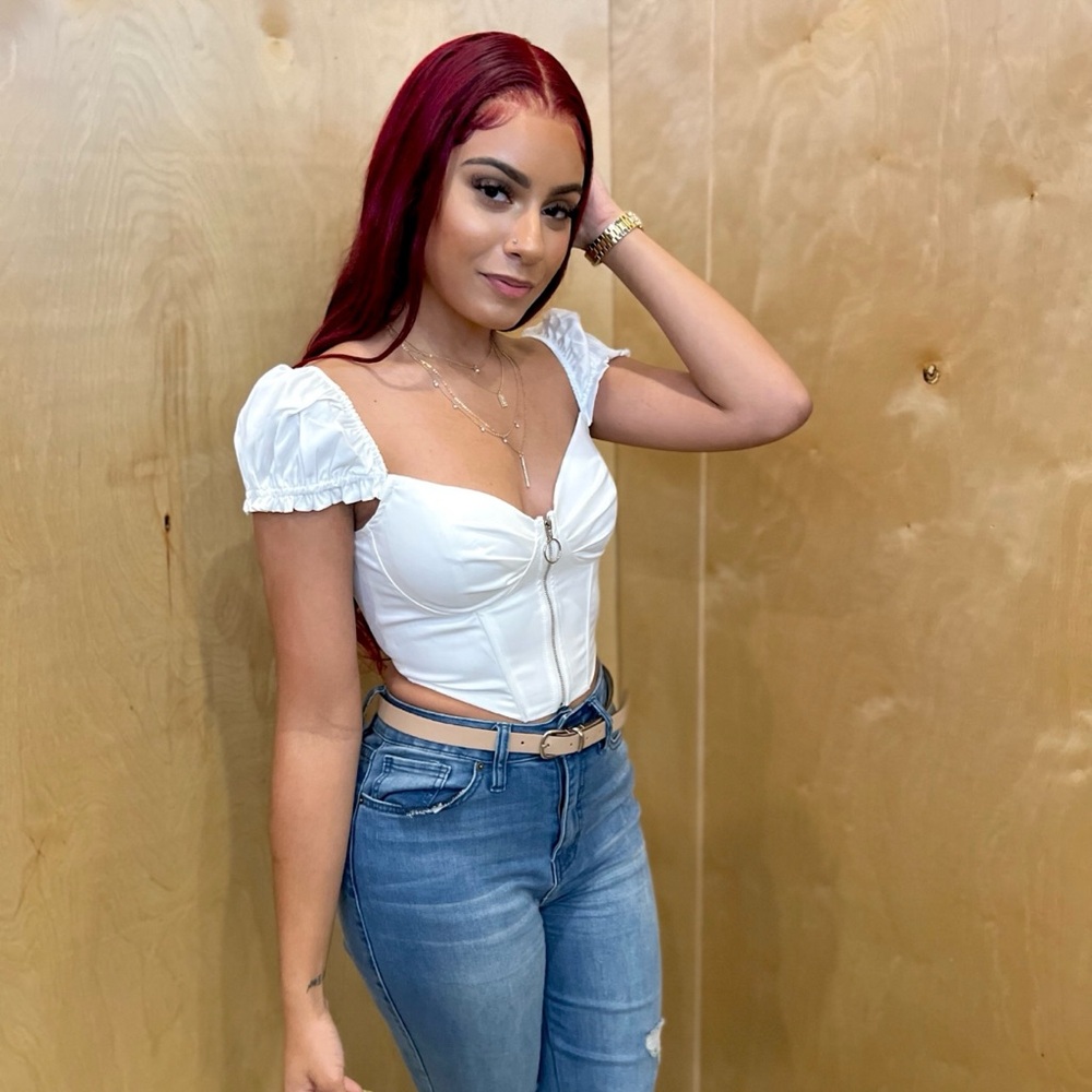 White Puff Sleeve Corset Crop Top – Zip Front, Sweetheart Necklines